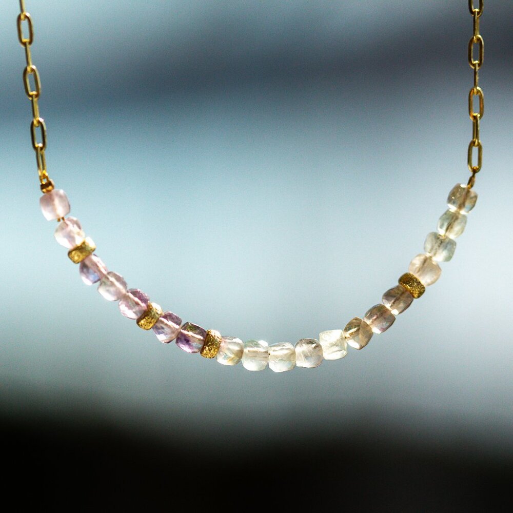 Pastel Gemstone Beaded Necklace Gold Paperclip Chain Waterproof Fluorite Crystal - Picture 10 of 13